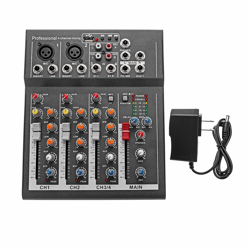 LEORY 4 канала DJ аудио микшер консоль с USB MP3 Jack живое Аудио Смешивание Звука DJ оборудование для караоке KTV музыкальное шоу - Цвет: Черный