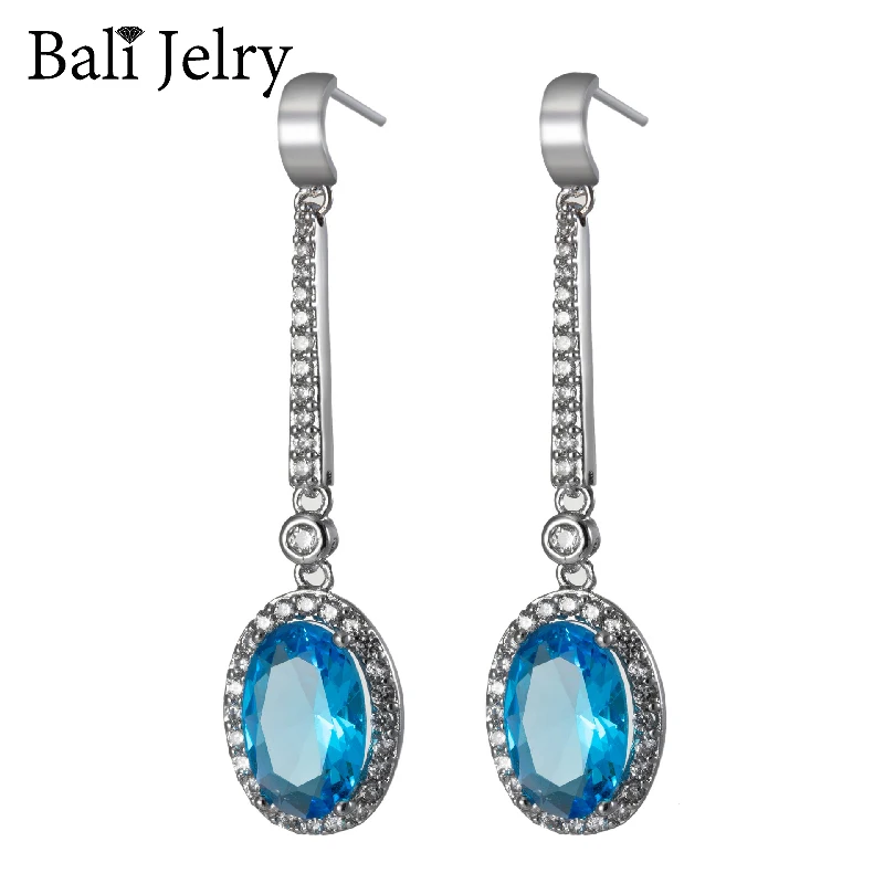 

BaliJelry 925 Silver Earrings Jewelry Accessories Oval Shape Sapphire Zircon Gemstone Drop Earring for Women Wedding Engagement