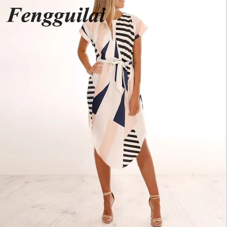 Geometric Pattern Mini Dress Sexy V-neck Wrist Dresses Casual Women Holiday Loose Summer Autumn Boho Beach Sundress | Женская одежда