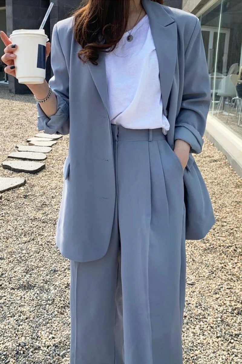 

Women's new suit Korean early autumn retro haze blue three button suit coat + high waist straight tube mop trousers pants