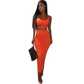 

women solid color strapless hollow out crop top high waist elastic skinny long skirts two pieces set female fashion outfit