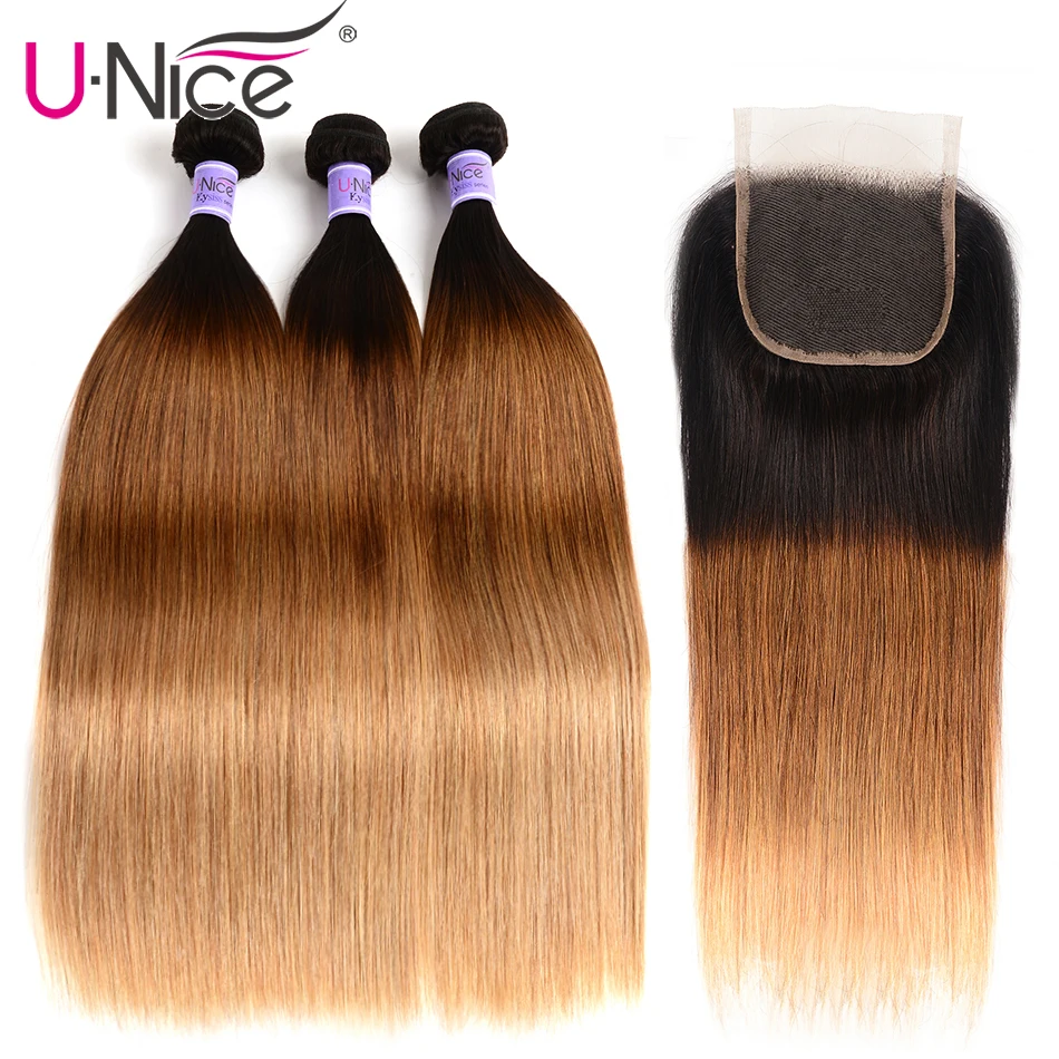 Волосы UNice Kysiss серии T1B/4/27 перуанские прямые волосы Ombre 3 пряди с закрытием 16 26
