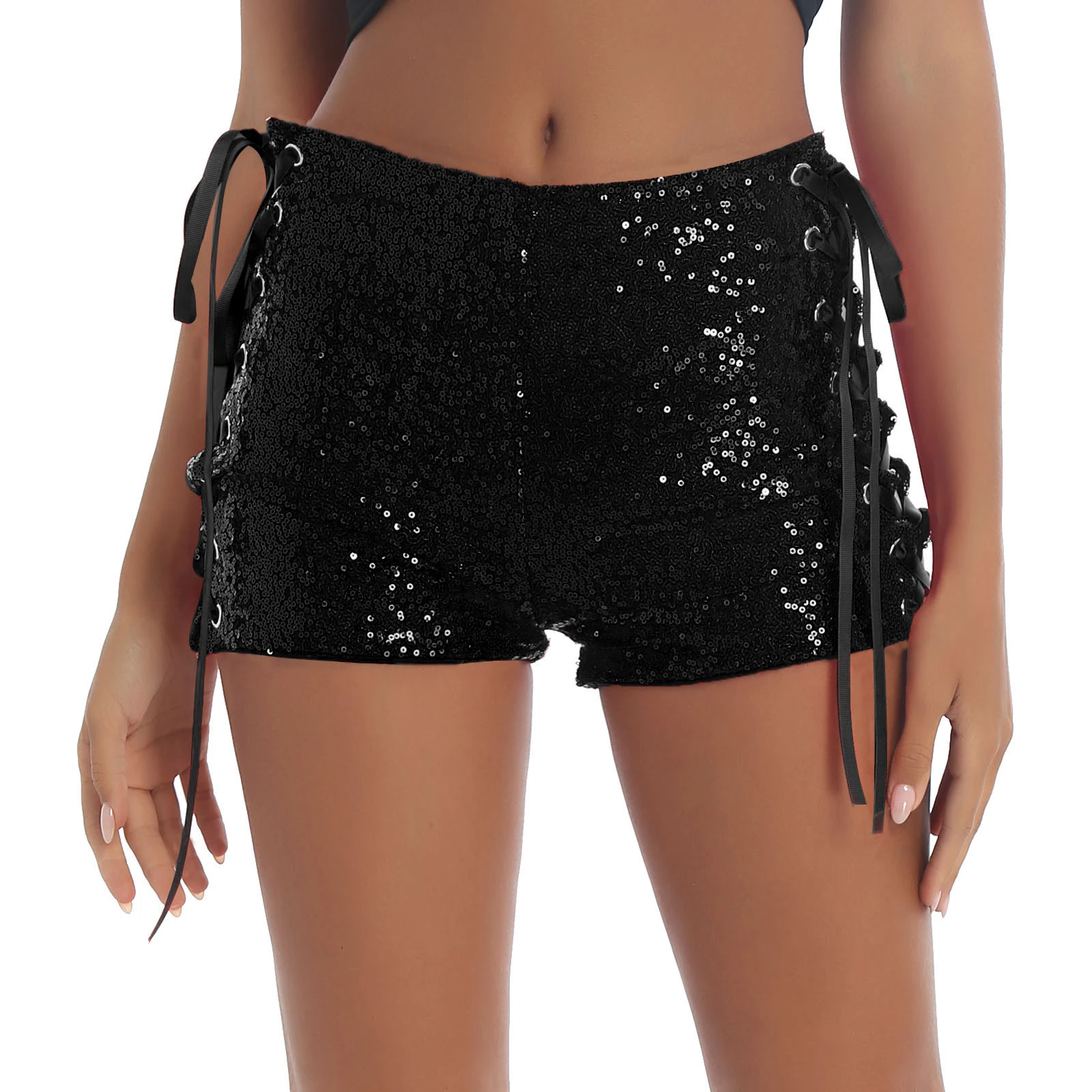 Pantalones cortos con lentejuelas brillantes para mujer, Shorts a la moda con cordones laterales, para en nocturno y fiestas|Pantalones - AliExpress