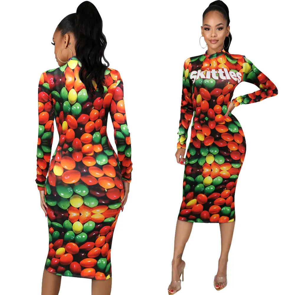 Sexy Women Candy Printed Long Sleeve Bodycon Autumn Winter Dress Fashion Club Sheath Wrap Slim Dresses 3 Colors