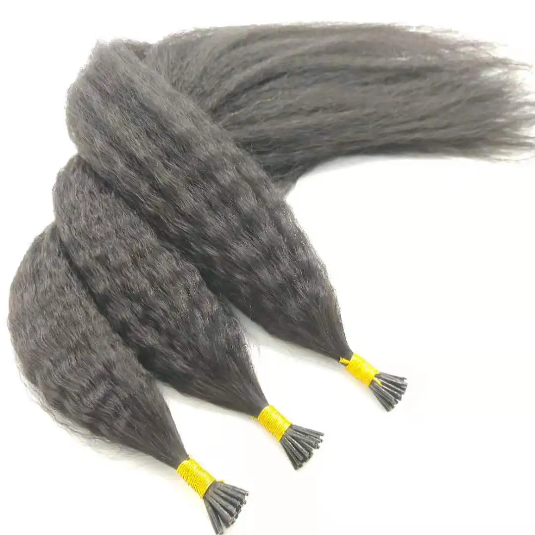 Bluelucky High Quality One Donor Natural Black Virgin Remy I Tip Hair Extension Kinky Straight