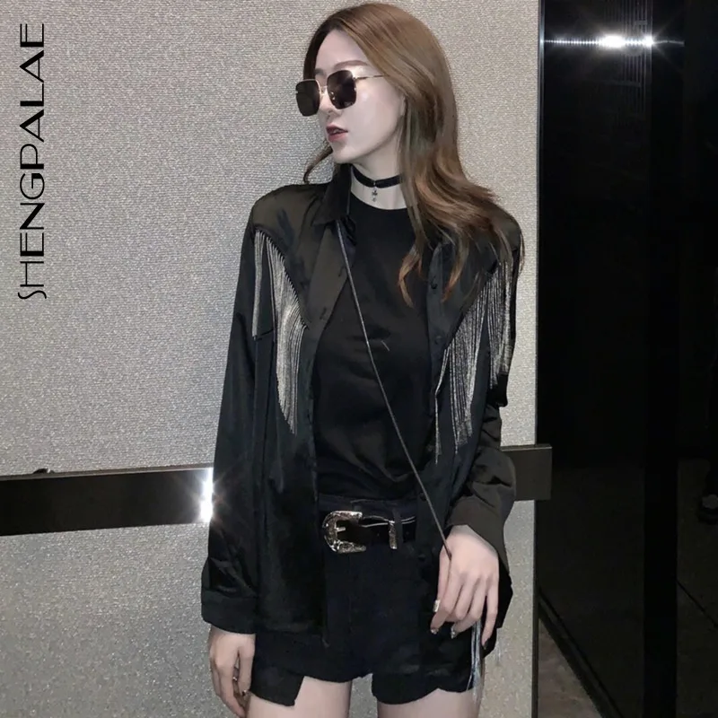 

SHENGPALAE Black Split Joint Chain Tassels The Edge Of All-match Fashionable Thin Handsome Long Sleeve Women Loose Coat FS823
