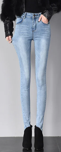 Light blue Зимние джинсы женские брюки капри Высокая талия бойфренд обтягивающие тонкие стрейч теплые серые джинсы черные МО Брюки Модная женская одежда - Цвет: Light blue