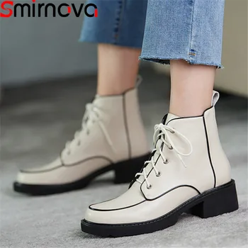 

Smirnova 2020 New arrival women brand boots square heels round toe mixed colors ankle boots genuine leather ladies shoes