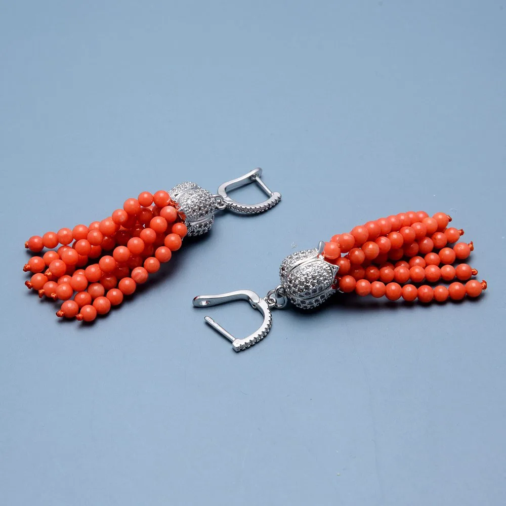 Natural Orange Smooth Round Coral Beads Silver Color CZ Pave Lever Back Dangle Earrings Cute For Women
