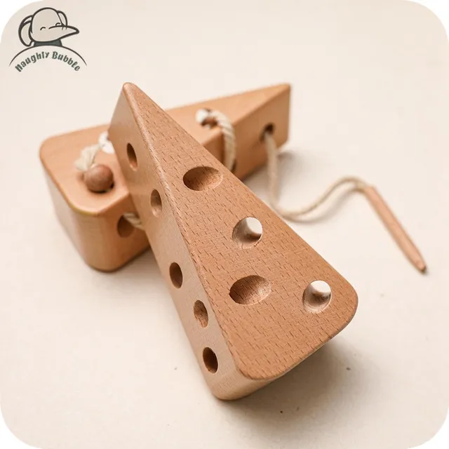 Wooden Cheese Stringing Toy for Children DIY Threading Board Lacing Beech Wooden Monterssori Toys Kids Wood Game Set Baby Gifts 2