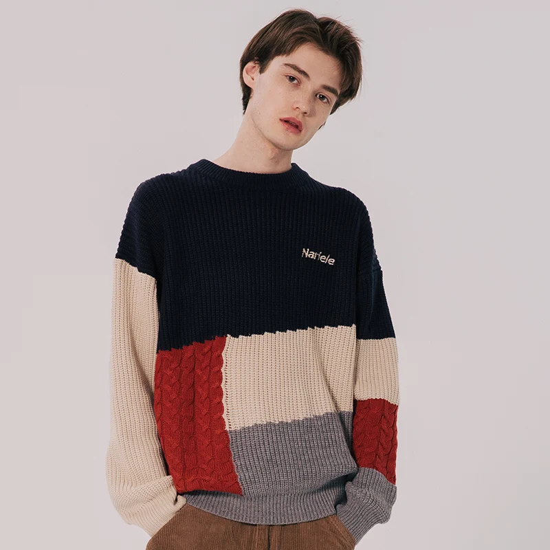 Мужской пуловер в стиле хип-хоп, свитер, уличная одежда, Harajuku, ретро, цветной блок, вязаный полосатый свитер, осень, свитер из хлопка