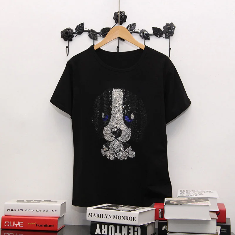 

Лето 2022 года, новая футболка с короткими рукавами, женская повседневная футболка в корейском стиле с бриллиантами и мультяшным рисунком собаки, свободные женские топы с горячим сверлением