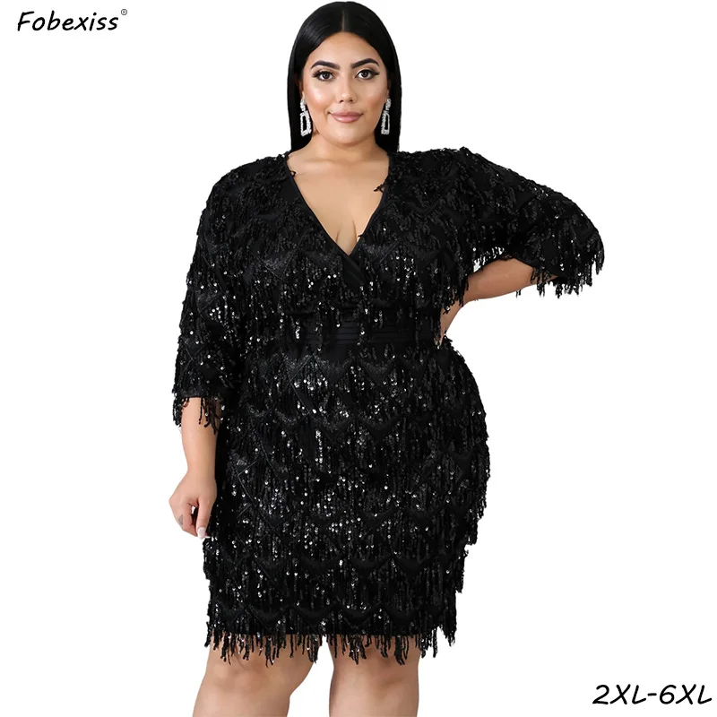 Элегантные блестящие платья с кисточками, женские сексуальные Клубные вечерние платья с v-образным вырезом размера плюс 5XL 6XL, облегающее платье Женский, платье с блестками на молнии сзади платья больших размеров