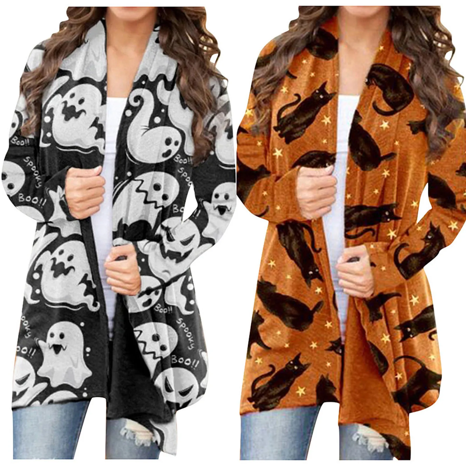 S-XXL Halloween Women Cardigan Sweater 2021 XXL Black Animal Cat Pumpkin Print Cardigan Women Korean Fashion Autumn Coat Blouse 1