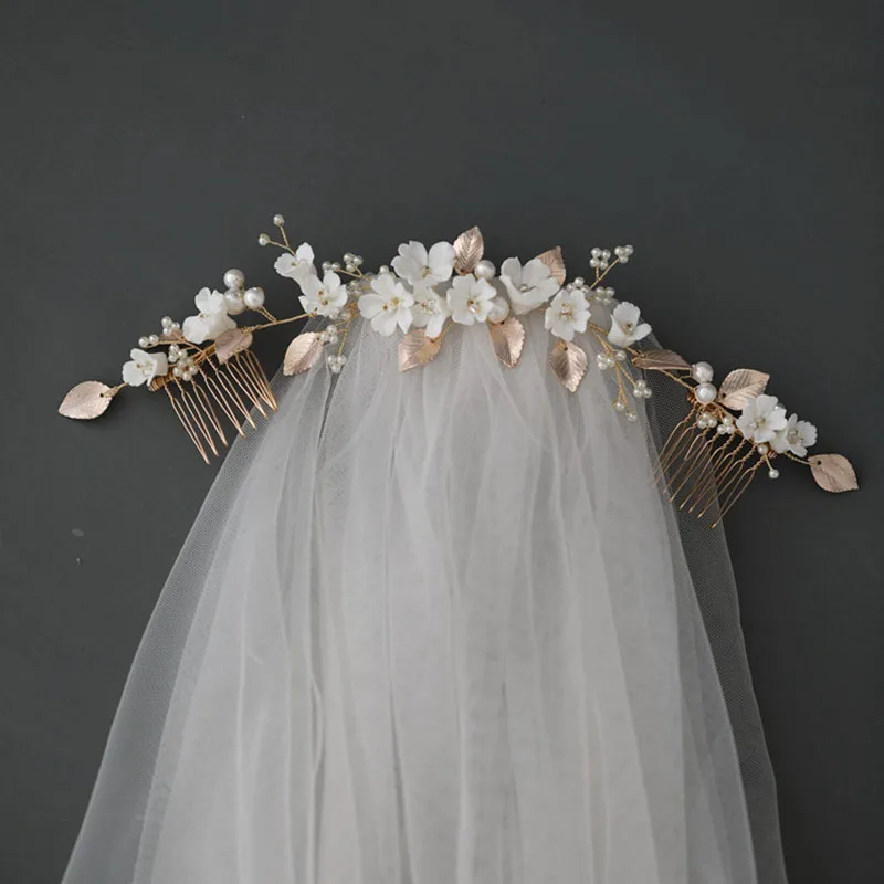 Floralbride Handmade Ins Style Ceram Flower Leaf Crystal Bridal Hair Comb Chain Wedding Headdress Hair Accessory Women Jewelry