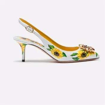 

Yellow Sunflower Printing Leather Pumps Formal Ladies Kitten heel Dress Shoes Pointed Toe Crystal Embellished Slingbacks