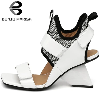 

BONJOMARISA novelty female fashion sandals open toe hook loop style stange genuine leather sandals women 2020 solid shoes woman