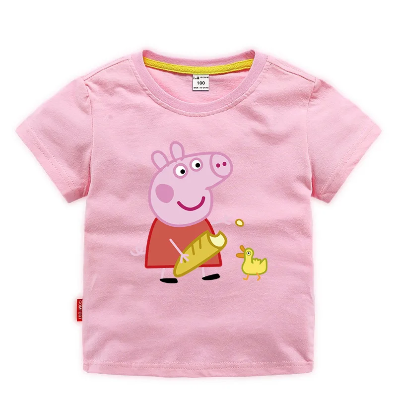 

100% Cotton T-Shirt Peppa Pig Feeding Duck Cartoon Printed Pattern Child Girl Summer Short Sleeve Baby Half Sleeve Kid Clothes