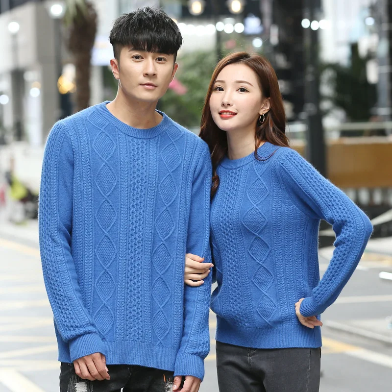 

Autumn And Winter New Style Cashmere Sweater Women's Crew Neck Thick Linen Flower Color Sweater Couple Clothes Wool Knit Low Wai