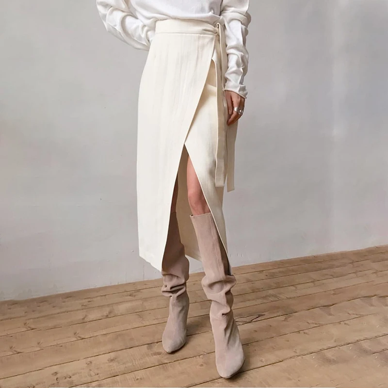 High Waist Split Women's Skirt Belt Bow Asymmetric Long Skirt Female OL Commuter Ladies Sexy Elegant Skirt Jupe Longue Femme