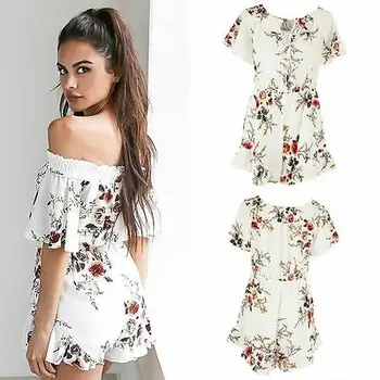 

Fashion Womens Ladies Stylish Sexy Off Shoulder Floral Printing Short Sleeve Summer Short Jumpsuit Casual Rompers Playsuits Wear