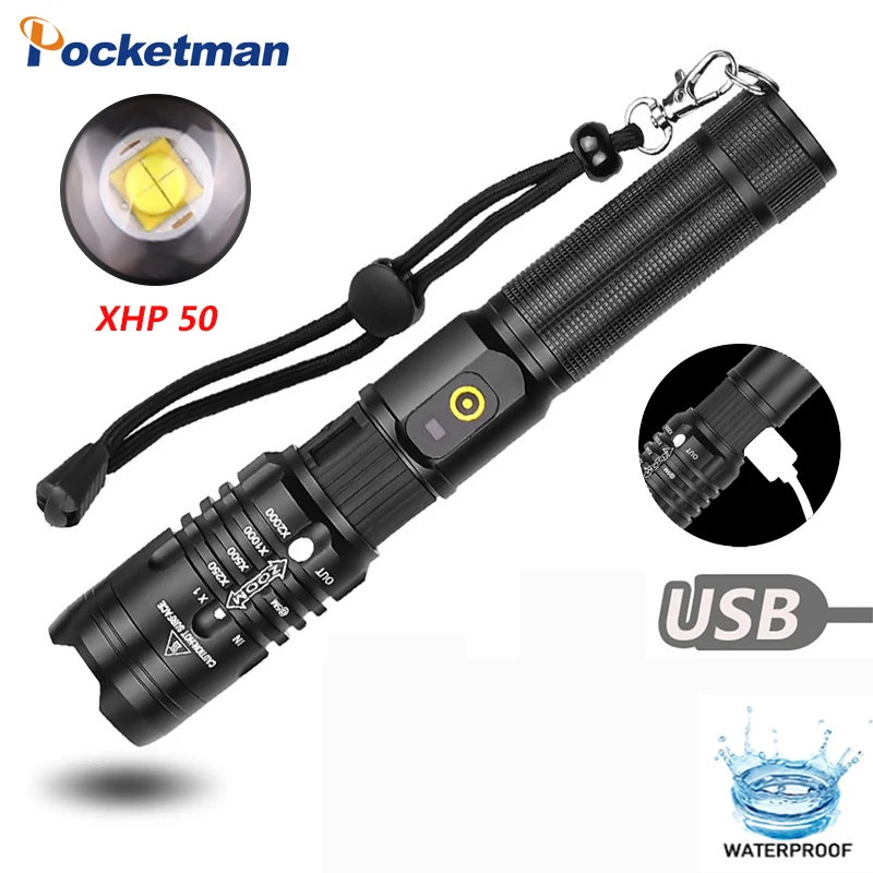 

50000 lumens Led flashlight most powerful flashlight 18650 usb torch xhp50 lantern 18650 led torch hunting lamp hand light