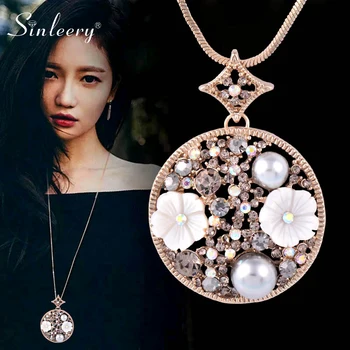 

SINLEERY Round Shell Flower Long Pendant Necklace Yellow Gold Color Colorful Zircon Pearl Necklace For Women Jewelry MY397 SSO