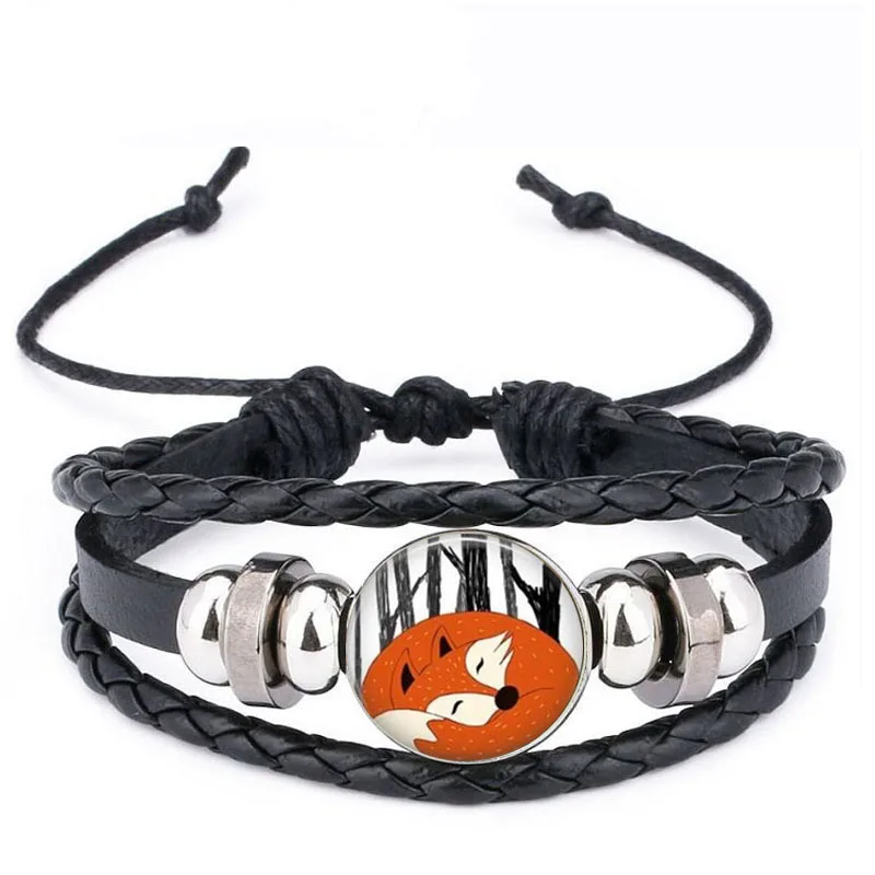 Qiyufang Vintage Bracelets black Color Leather Jewelry for Women Accessories Fox Picture Glass Cabochon Stud Animal bracelets | Украшения и