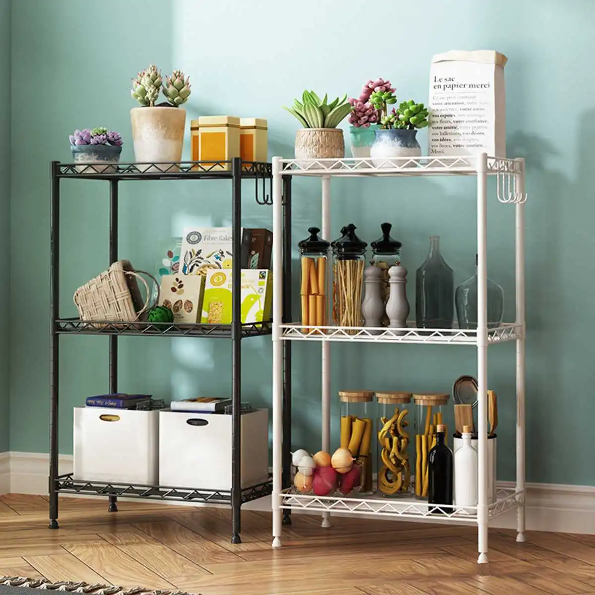 

3 Layers Adjustable Carbon Steel Wire Storage Shelf Rack for Kitchen Bathroom Storage Holder Organizer with 3 PP Pads&4 S Hooks