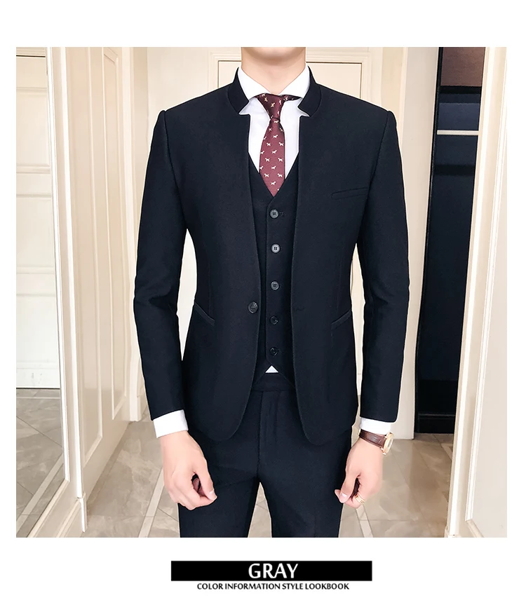 Топы+ брюки+ жилеты) мужской костюм с воротником-стойкой West Slim body костюм из трех предметов для свадебной фотосъемки, повседневный костюм для ночного клуба