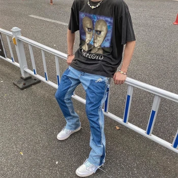 

Gallery Dept Los Angeles Flare Jeans Men Fashion Denim Ripped Bell Bottom Jeans Patchwork Hip Hop Streetwear Vintage Pants Punk