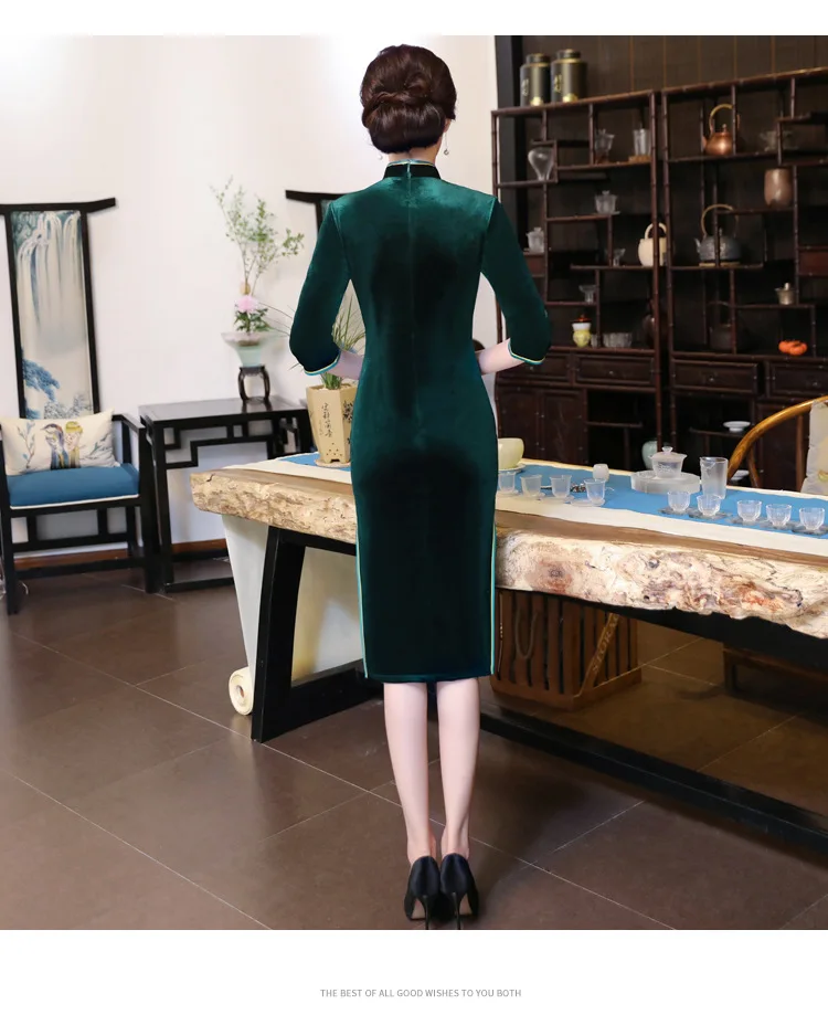 Китайский традиционный Чонсам длинный велюровый Cheongsam элегантный Qipao женское сексуальное платье ручной работы из бисера Cheongsam Vestido