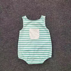 Barboteuse d'été pour bébé garçon, sans manches, à rayures vertes, poitrine avec poches blanches, barboteuse pour tout petit 