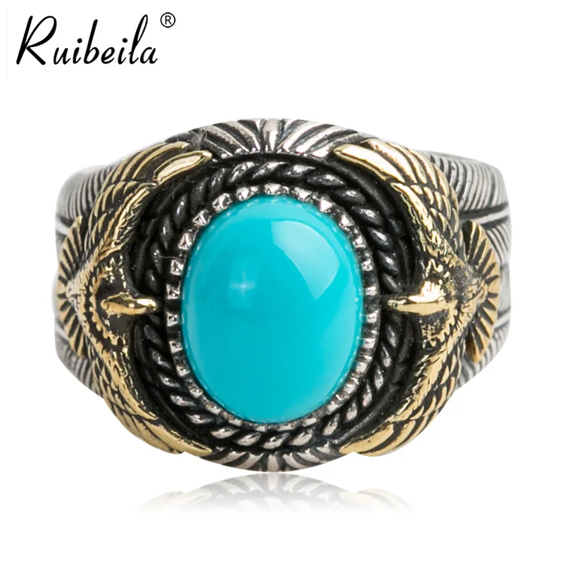 Muslimate Argent Turchese Aigle Volant Aigle Hommes Et Femmes Ouverture Raglable Bleu Gemme Nouvelle Bague Cadeau Bijoux