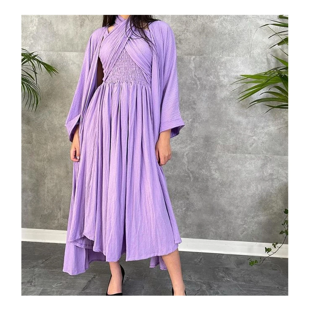 Eightree Lavender 2021 Saudi Arabia Long Sleeve Prom Dress Detachable Cloak Cross Neck Tea Length Pleated  Elegant Party Gowns
