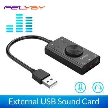 

FELYBY USB Sound Card External Computer Free Drive External Headphone Speak Mic Interface Adapter Mute Switch Volume Adjustment