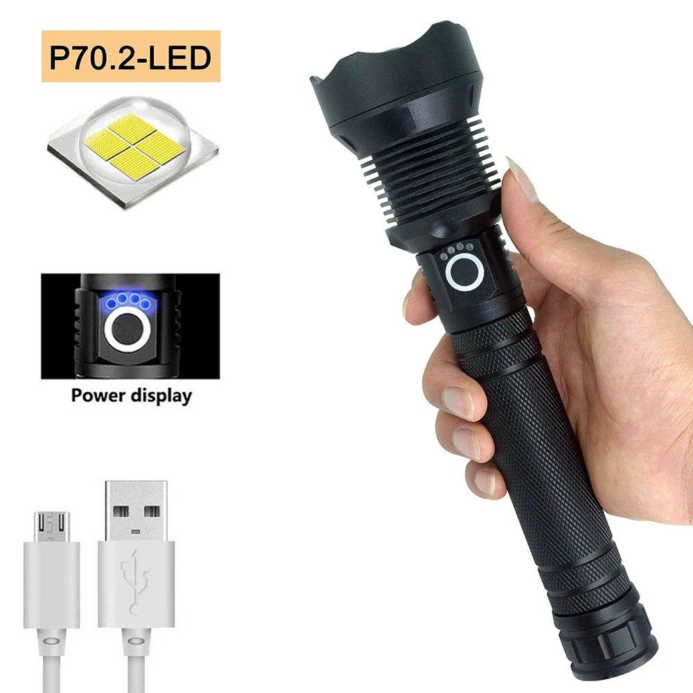 200000LM XHP70 Ultra Bright LED USB Rechargeable Zoomable Torch Flashlight Light 