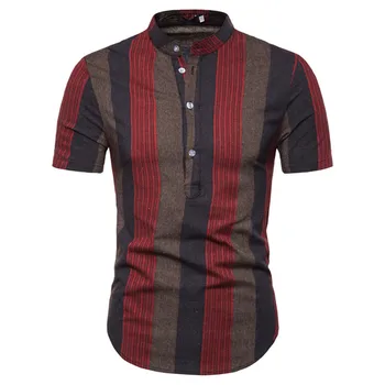 

Men Shirts Short Sleeve Fashion Stripe Flat Color Stand Collar Plus Size Casual Slim Fit Summer Shirt Tops men Streetwear S-2XL