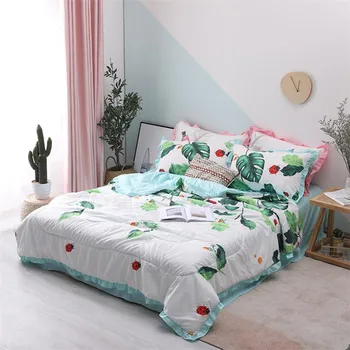 

Small Fresh Bedding 4pcs Washable Cotton Lotus Leaf Side Summer Quilt Pillowcase Soft Breathable Multifunctional Summer Quilt
