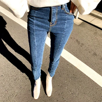 

Autumn and winter irregular stretch stitching denim jeans female tight tassel high waist pants Capris ladies skinny jeans 2019