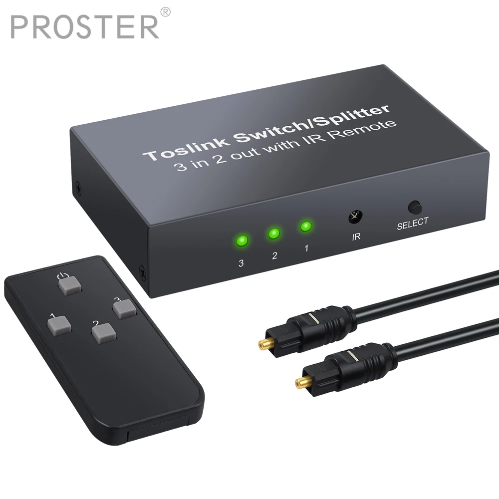 

Proster 3 Port Optical Switcher with 2 way Spdif Toslink Optical Digital Audio Splitter IR Remote Control DAC Converter