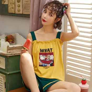 

Summer Thin Pajamas Female Summer Sleeveless Vest Women Cotton Shorts Two-piece Suit Korean Cute Student Large Size Home Clothes