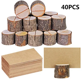

40pcs Natural Wooden Bark Memo Holder Party Decorative Wood Pile Name Place Card Holders Menu Wedding Birthday Decor