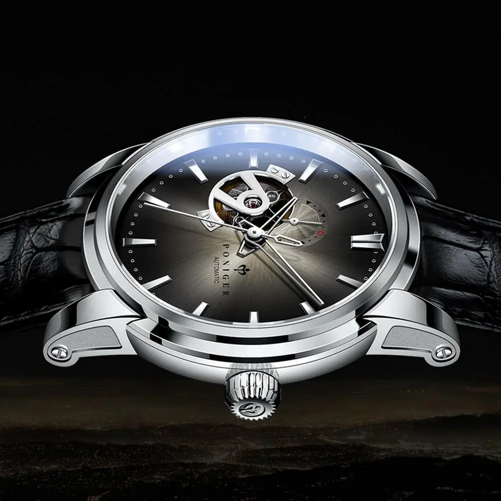 men wrist watch, automatic watches PONIGER luxury brand mens dress waterproof wristwatch self wind mechanical reloj hombre new