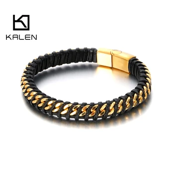 

KALEN 21cm Fashion Genuine Leather Bracelet Men Stainless Steel Gold Twisted Link Chain Bracelet Jewelry Accessories