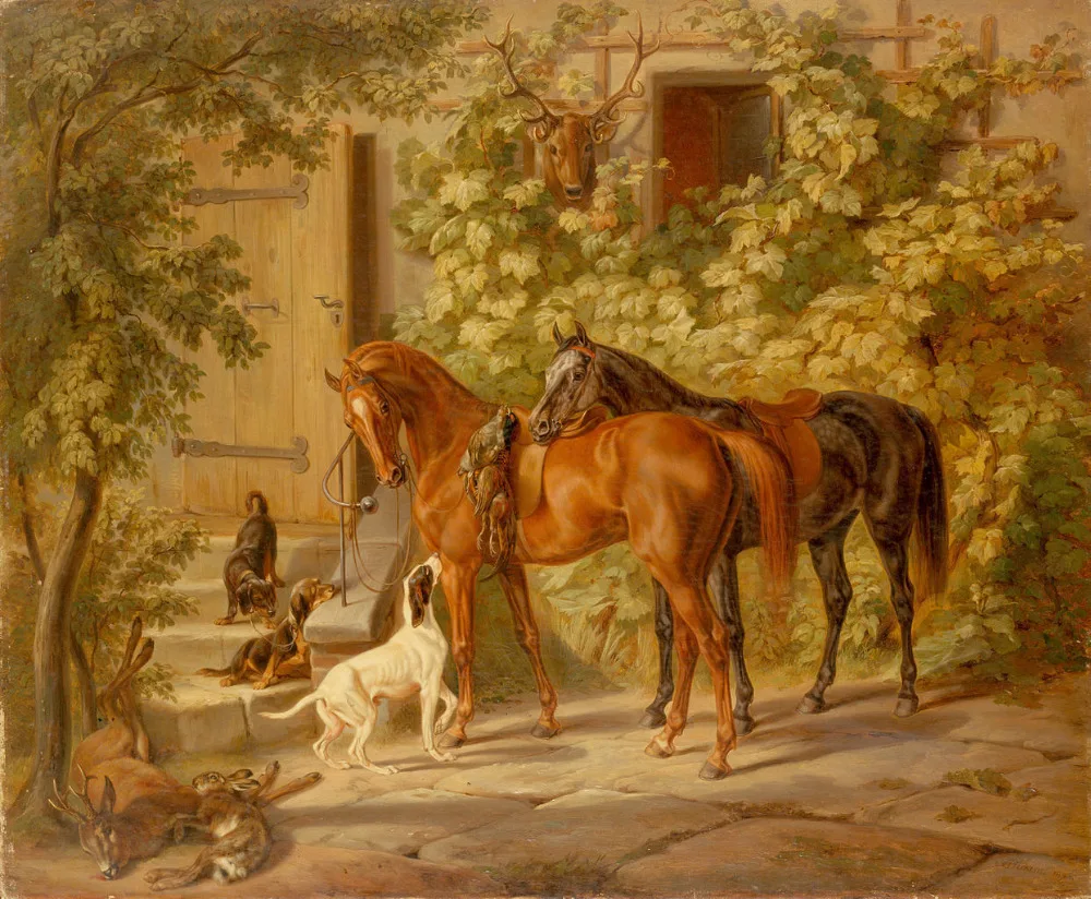 

perfact oil painting handpainted on canvas "horses,dogs,deer,rabbit" NO3619