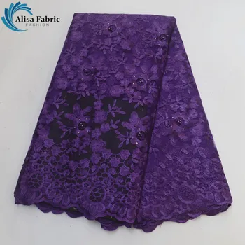 

Alisa Purple Mesh Lace Fabrics 5 Yards/pcs 2019 Best Popular African Net Lace Fabrics with Embroidery And Beads For Bridal Veil
