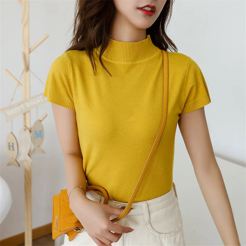 Korean Style 2020 Spring Summer Knitted Tops Short Sleeeve Pullover Women High Elasticity Solid T shirt Tee Shirt Femme | Женская одежда