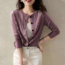 

Harteen Korean Fashion New Cardigan Woman Sweater Soild Plaid Long Sleeve O Neck Slingle Breasted Knitted Sweater Femal Tops