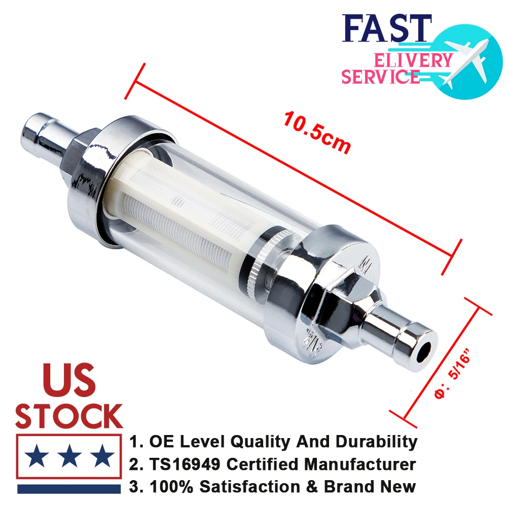 Motorcycle Fuel Filter Fuel Filter Carbole 8mm 5/16'' Universal Chrome Glass Fuel Petrol Diesel Inline Filter